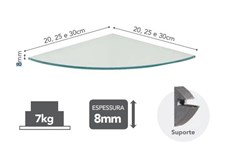 PRATELEIRA CANTO RAIO VIDRO INC C/SUPORTE CROMADO 20CM - PRAT-K