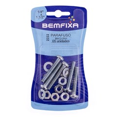 PARAFUSO FENDA P/MAQUINA C/PORCA/ARRUELA 1/4X1.1/2 C/5PCS - BEMFIXA
