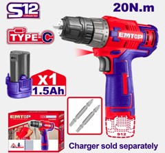 PARAFUSADEIRA FURADEIRA C/1 BATERIA 0.8-10MM 12V 20N-M - EMTOP