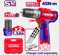 PARAFUSADEIRA FURADEIRA IMPACTO C/2 BATERIAS 0.8-10MM 12V 45N-M - EMTOP