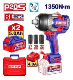 CHAVE DE IMPACTO 1350N-M 3/4 C/2 BATERIAS 5AH - EMTOP