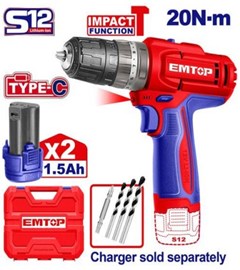 PARAFUSADEIRA FURADEIRA IMPACTO 0.8-10MM 12V 20N-M C/02 BATERIAS - EMTOP