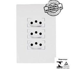TOMADA EMBUTIR C/PLACA TRIPLA 2P+T 10A 250V MONOBLOCO BRANCA - ILUMI